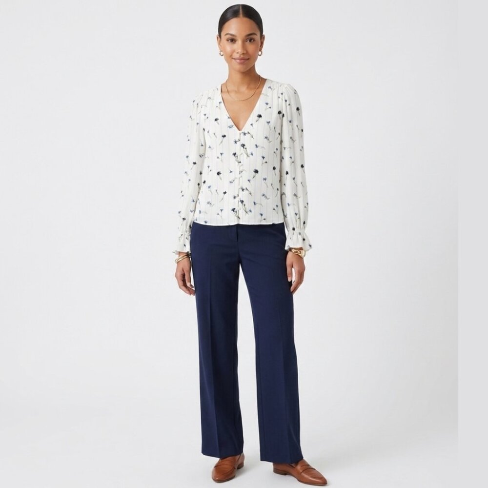 JOIE Blouse S White Blue Floral V-Neck Sleeve Button Front Chic Spring Feminine